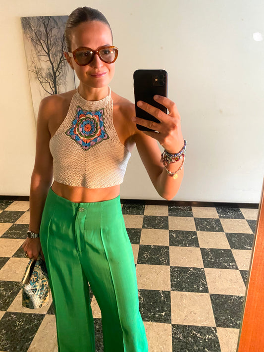Flower Halterneck Top Ecru/Apricot/Aqua