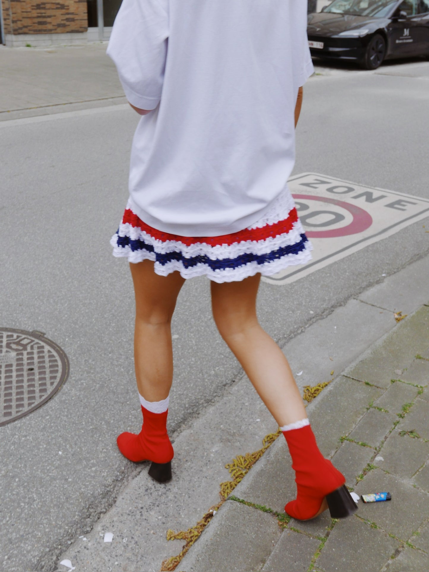 Flowy Mini Skirt White/Red/Navy